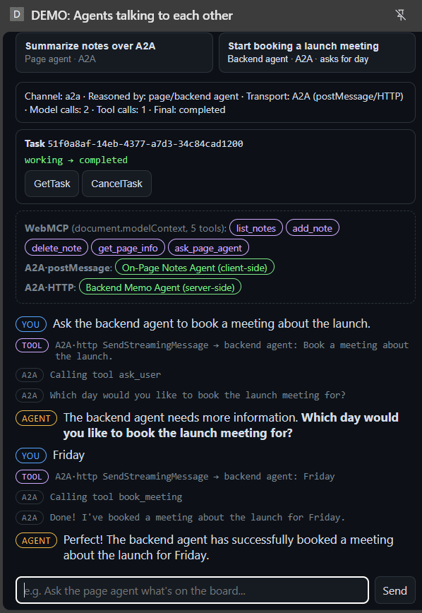 A close-up of the extension side panel showing the input-required flow over A2A HTTP. The user asks the backend agent to book a meeting about the launch; the agent calls SendStreamingMessage, then its ask_user tool, and replies 'Which day would you like to book the launch meeting for?'. The user answers 'Friday'; the agent calls book_meeting and confirms it booked the meeting for Friday. A task panel shows the task id and working to completed, with GetTask and CancelTask buttons.