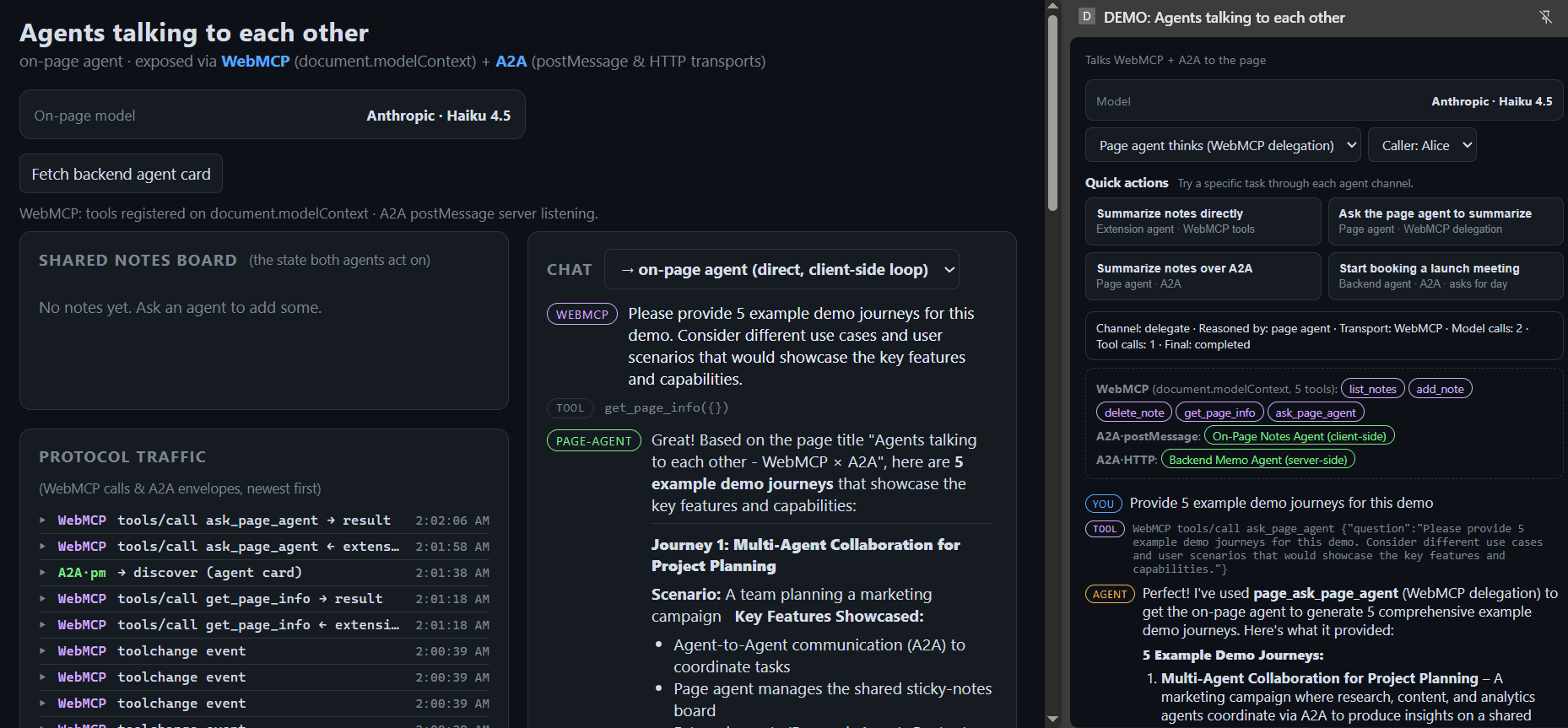 The demo running: on the left, the web page - a shared sticky-notes board, a chat, and a protocol-traffic log. On the right, the browser extension's side panel with a Caller: Alice identity and a Quick actions row: 'Summarize notes directly' (extension agent, WebMCP tools), 'Ask the page agent to summarize' (page agent, WebMCP delegation), 'Summarize notes over A2A' (page agent, A2A), and 'Start booking a launch meeting' (backend agent, A2A, asks for the day). Below them a per-turn summary reads Reasoned by: page agent, Transport: WebMCP, Model calls: 2, Tool calls: 1, Final: completed.