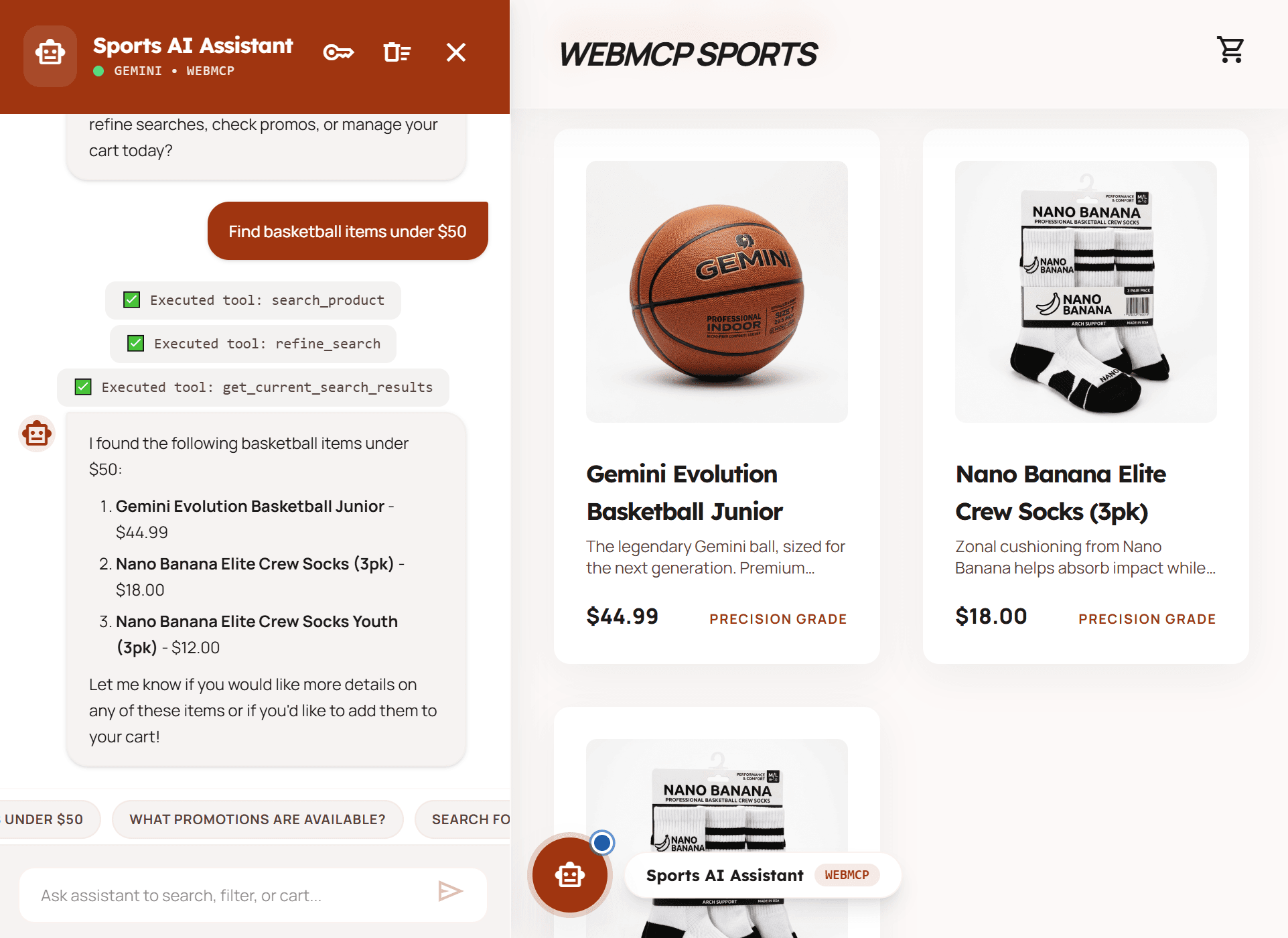 The WebMCP Sports demo shop. In the Sports AI Assistant panel the user asked to find basketball items under $50; three executed WebMCP tools are listed (search_product, refine_search, get_current_search_results) and the shop page next to it shows the filtered products.